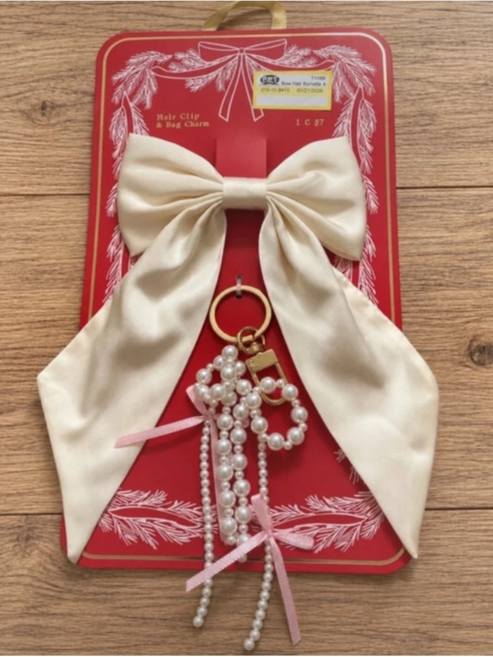 Target Cream Satin Bow Hair Clip with Pearl Keychain Accent